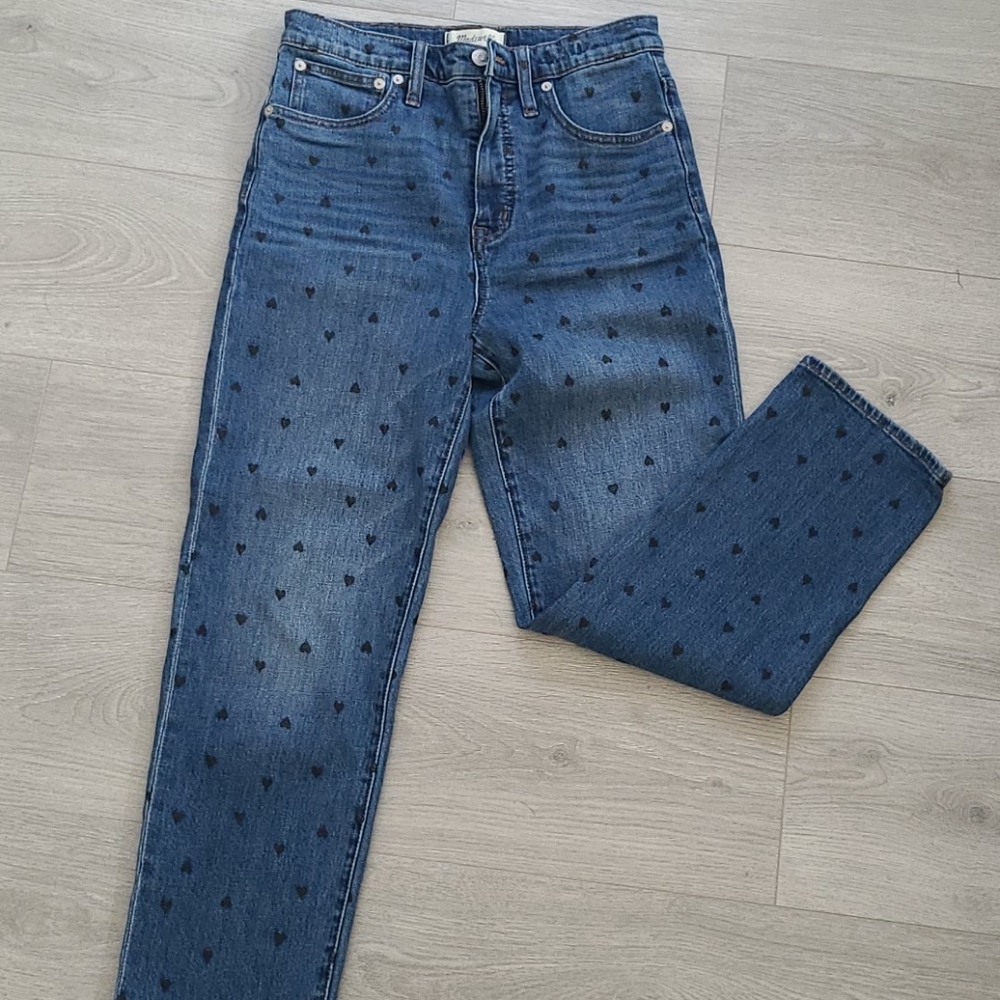 Madewell Blue Heart-Print Straight-Leg Jeans
